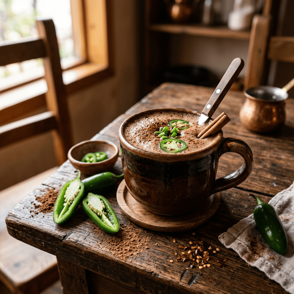 Rustic cup of spicy hot chocolate topped with jalapeño slices and cinnamon stick
